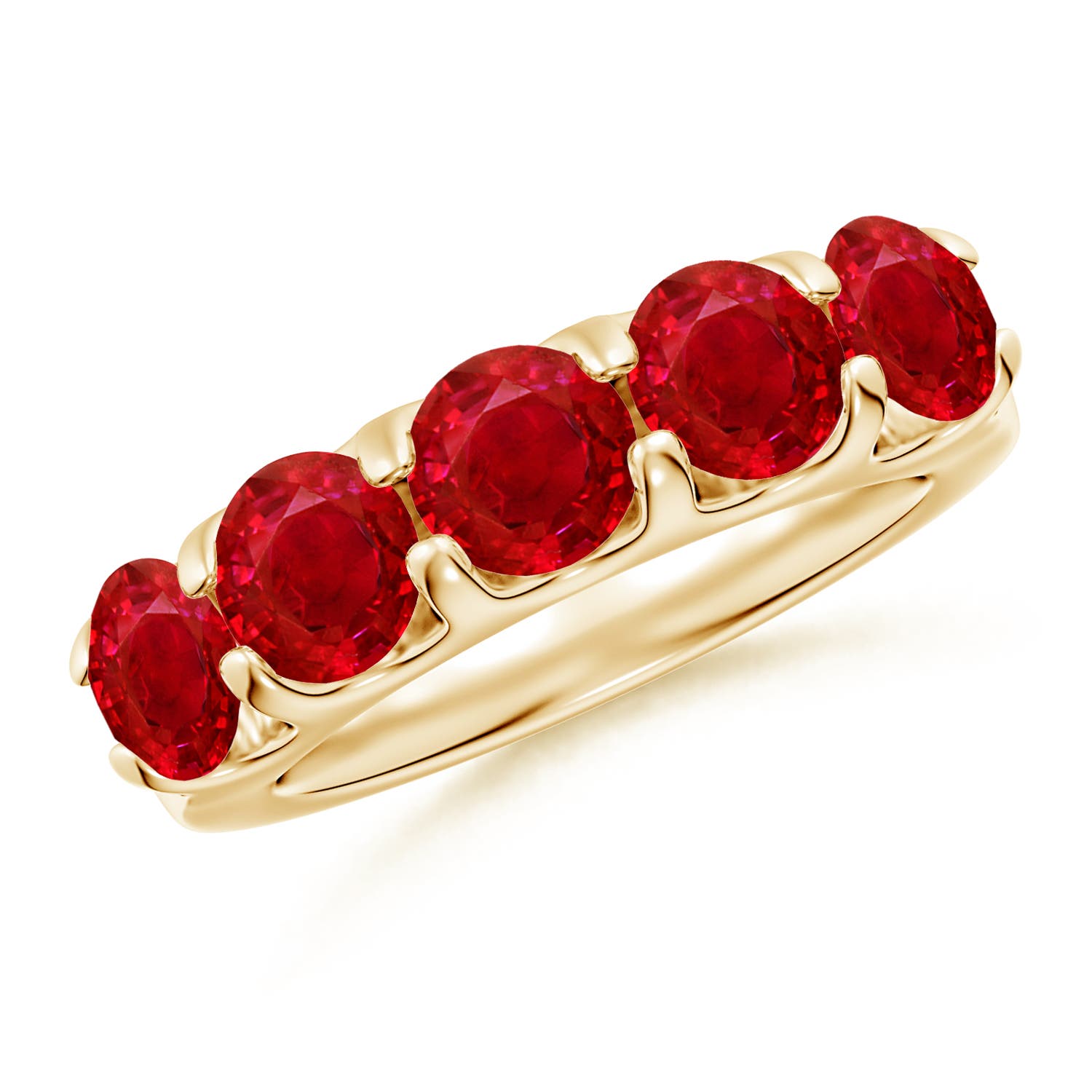 5.5mm AAA Shared Prong Set Half Eternity Ruby Wedding Band in Yellow Gold