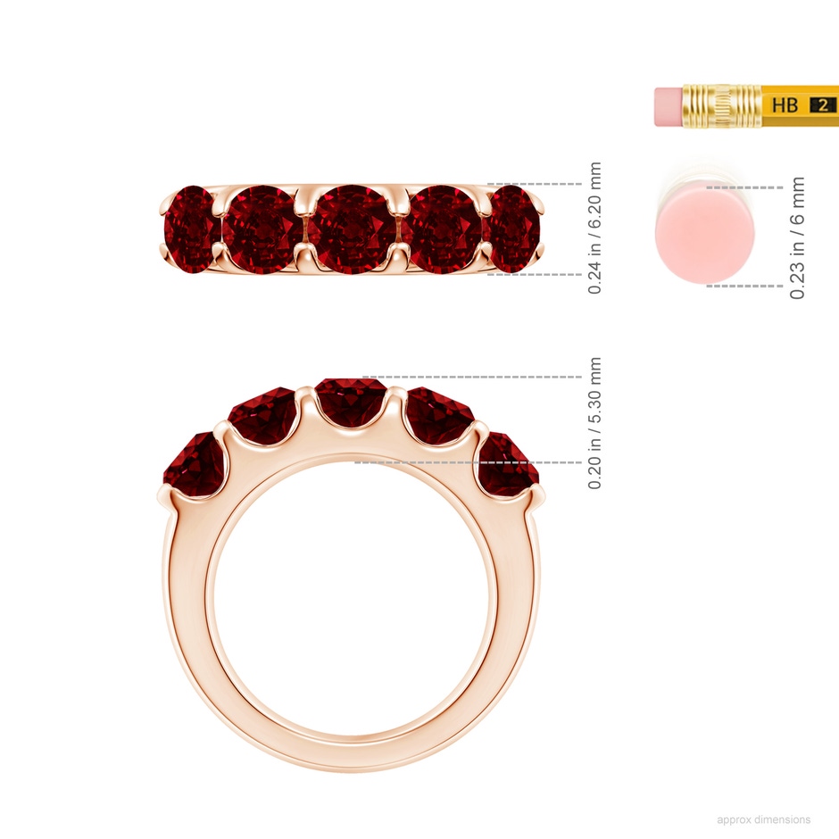 5.5mm AAAA Shared Prong Set Half Eternity Ruby Wedding Band in Rose Gold ruler