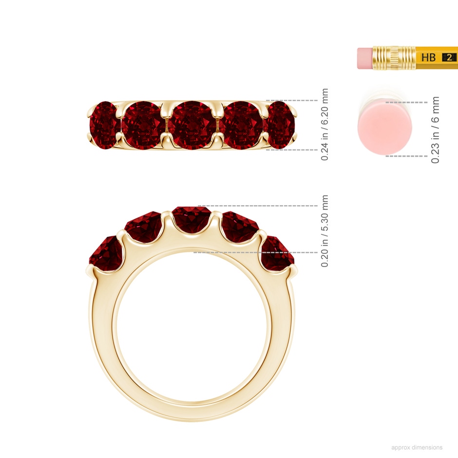 5.5mm AAAA Shared Prong Set Half Eternity Ruby Wedding Band in Yellow Gold ruler