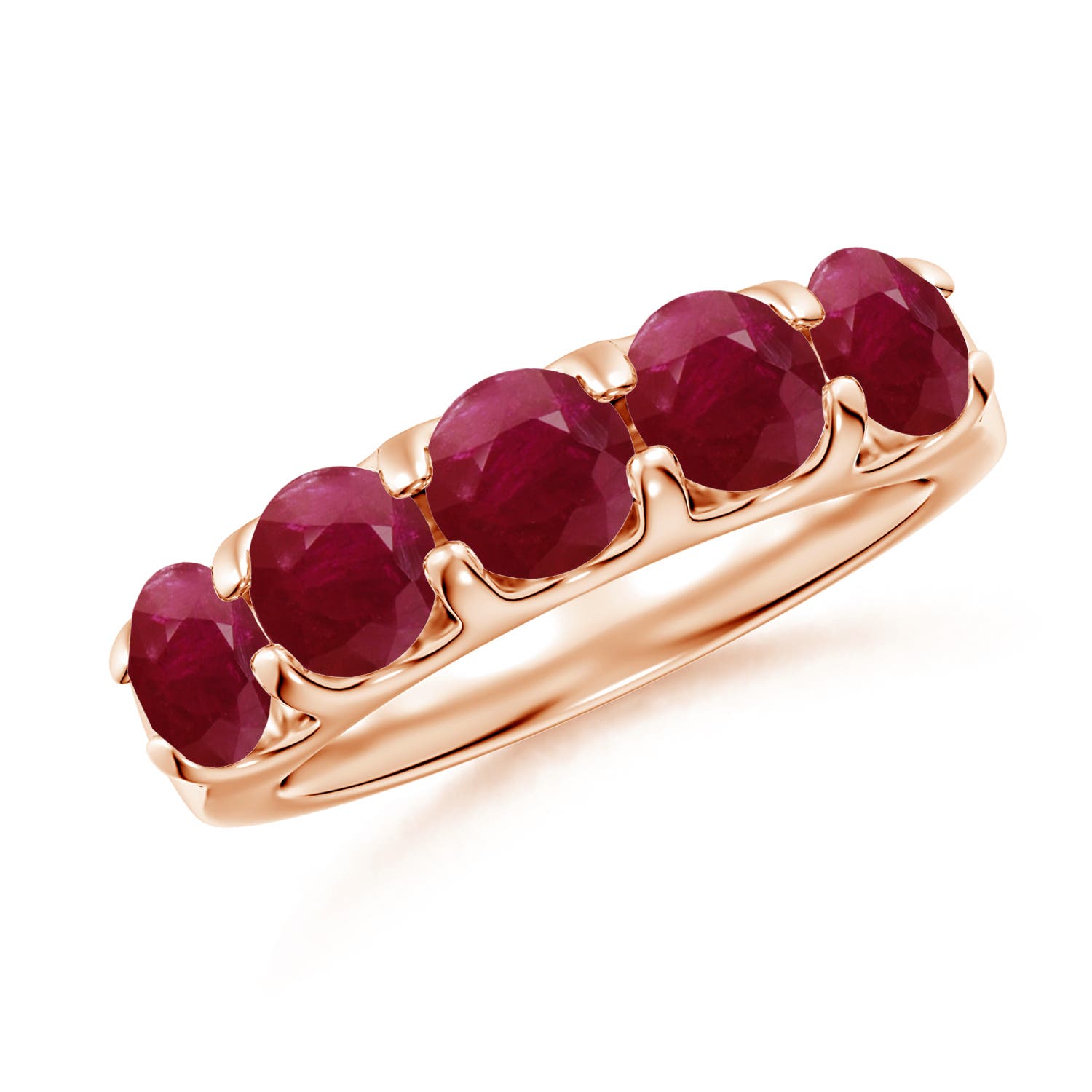 5mm A Shared Prong Set Half Eternity Ruby Wedding Band in Rose Gold