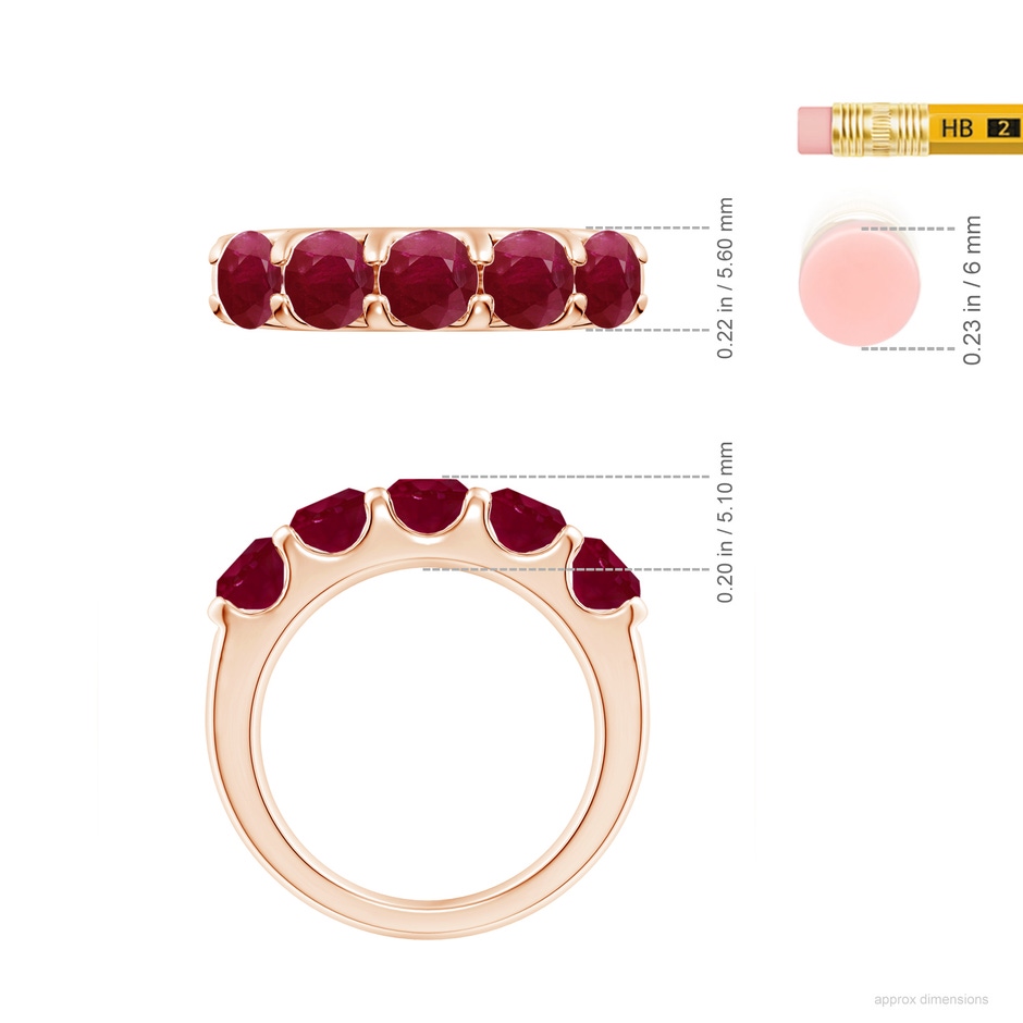 5mm A Shared Prong Set Half Eternity Ruby Wedding Band in Rose Gold ruler