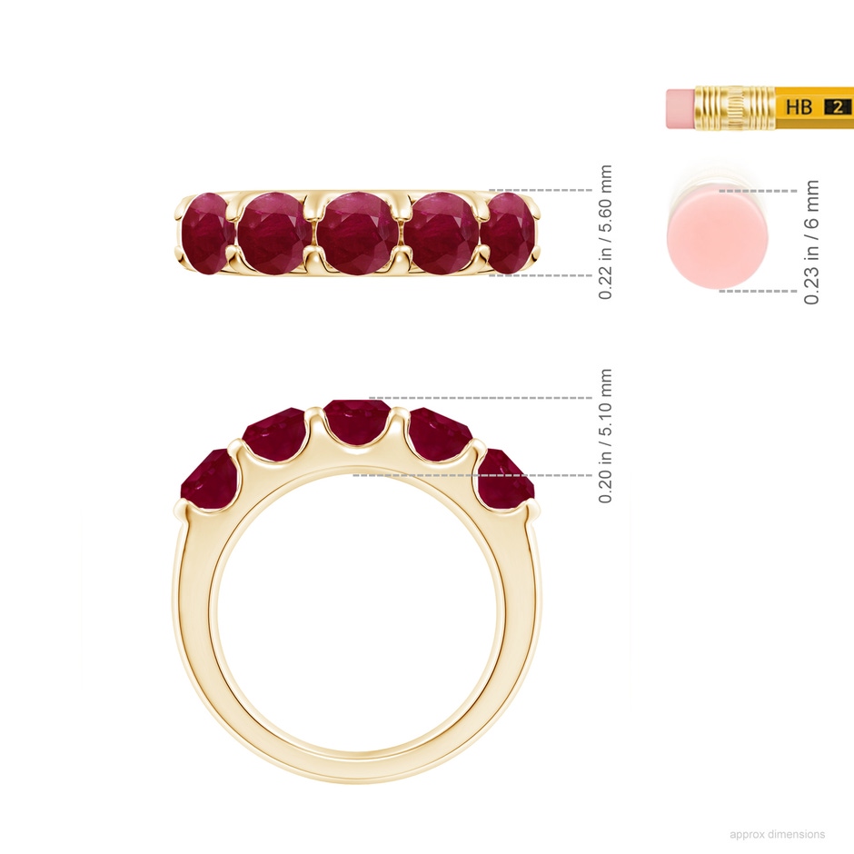 5mm A Shared Prong Set Half Eternity Ruby Wedding Band in Yellow Gold ruler
