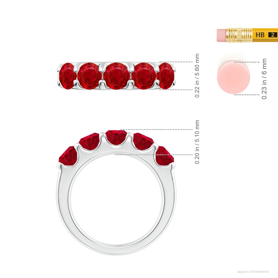 5mm AAA Shared Prong Set Half Eternity Ruby Wedding Band in White Gold ruler