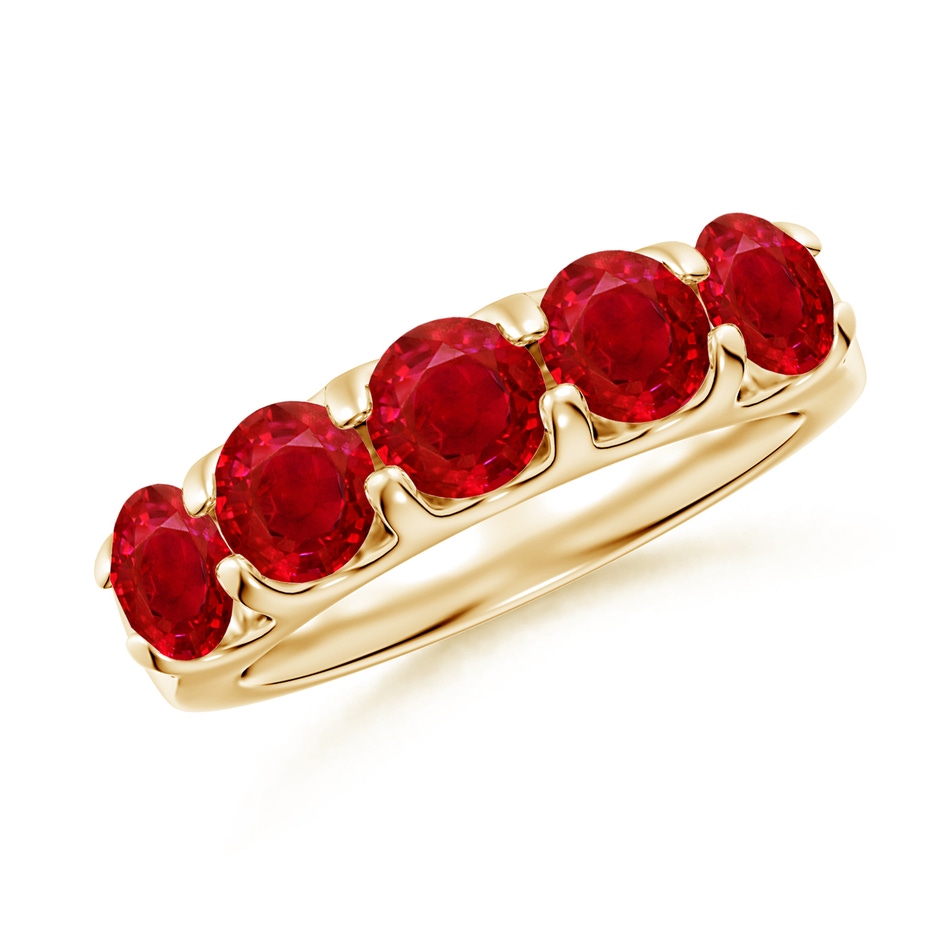 5mm AAA Shared Prong Set Half Eternity Ruby Wedding Band in Yellow Gold 