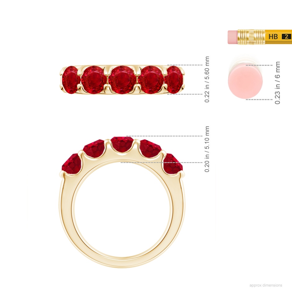 5mm AAA Shared Prong Set Half Eternity Ruby Wedding Band in Yellow Gold ruler