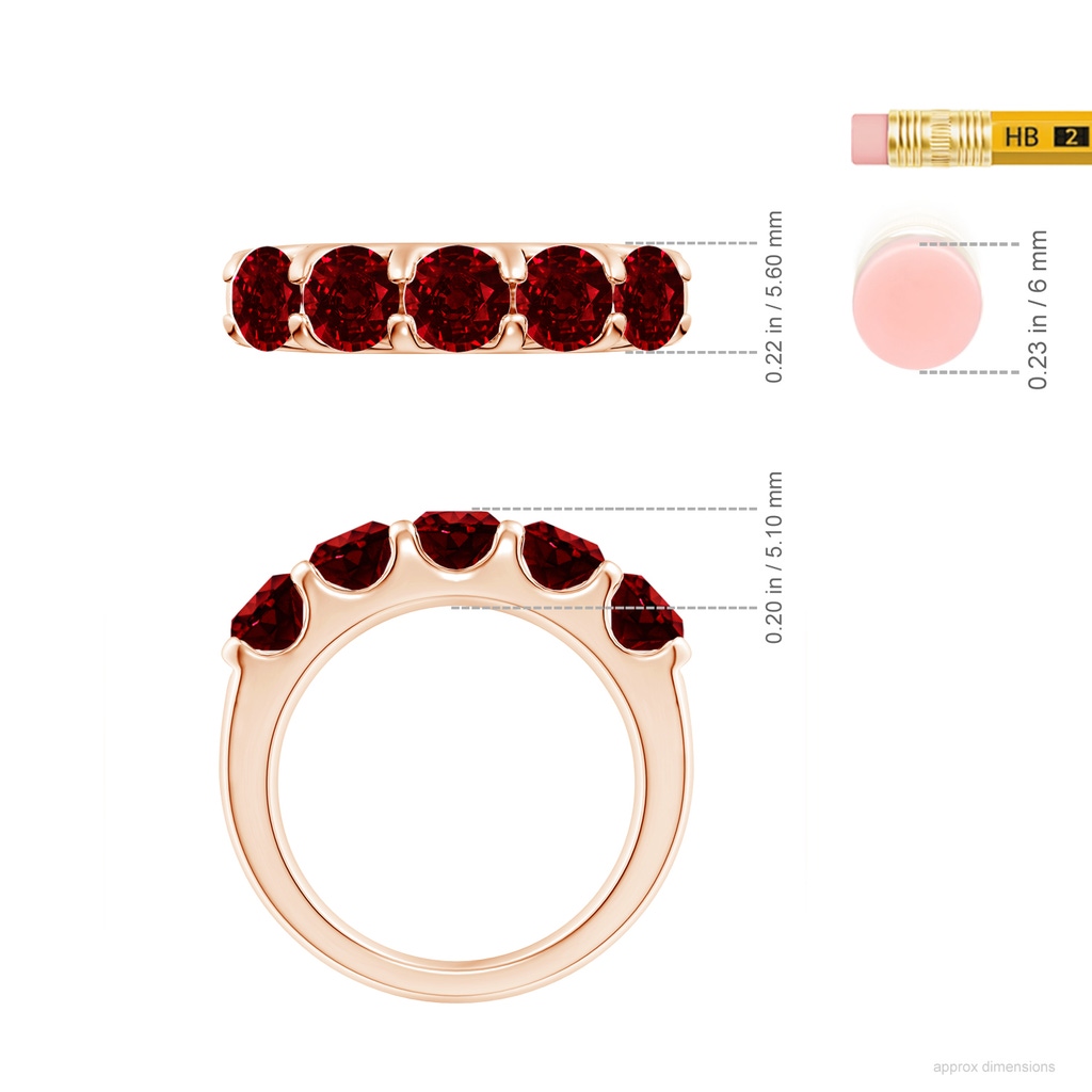 5mm AAAA Shared Prong Set Half Eternity Ruby Wedding Band in Rose Gold ruler