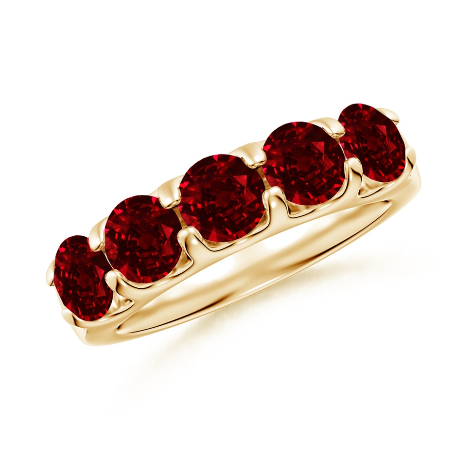 5mm AAAA Shared Prong Set Half Eternity Ruby Wedding Band in Yellow Gold 