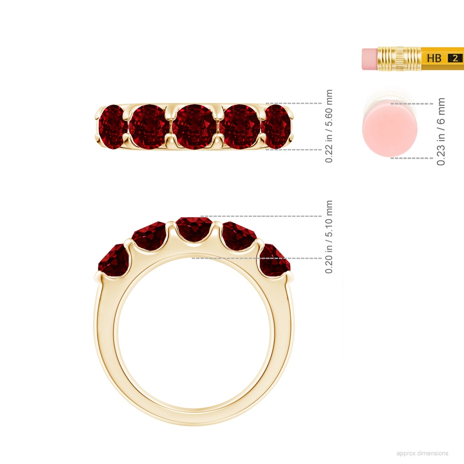 5mm AAAA Shared Prong Set Half Eternity Ruby Wedding Band in Yellow Gold ruler