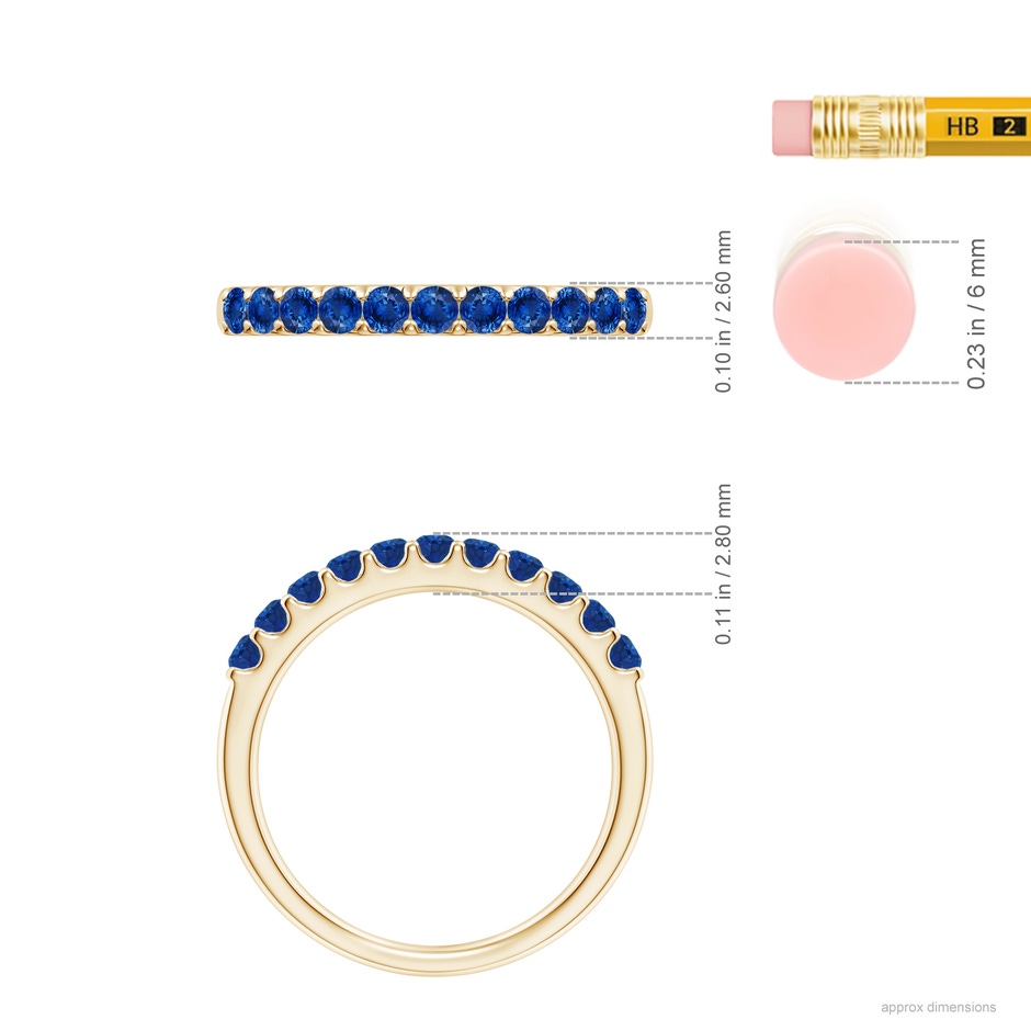 2.1mm AAA Shared Prong Set Half Eternity Sapphire Wedding Band in 9K Yellow Gold ruler