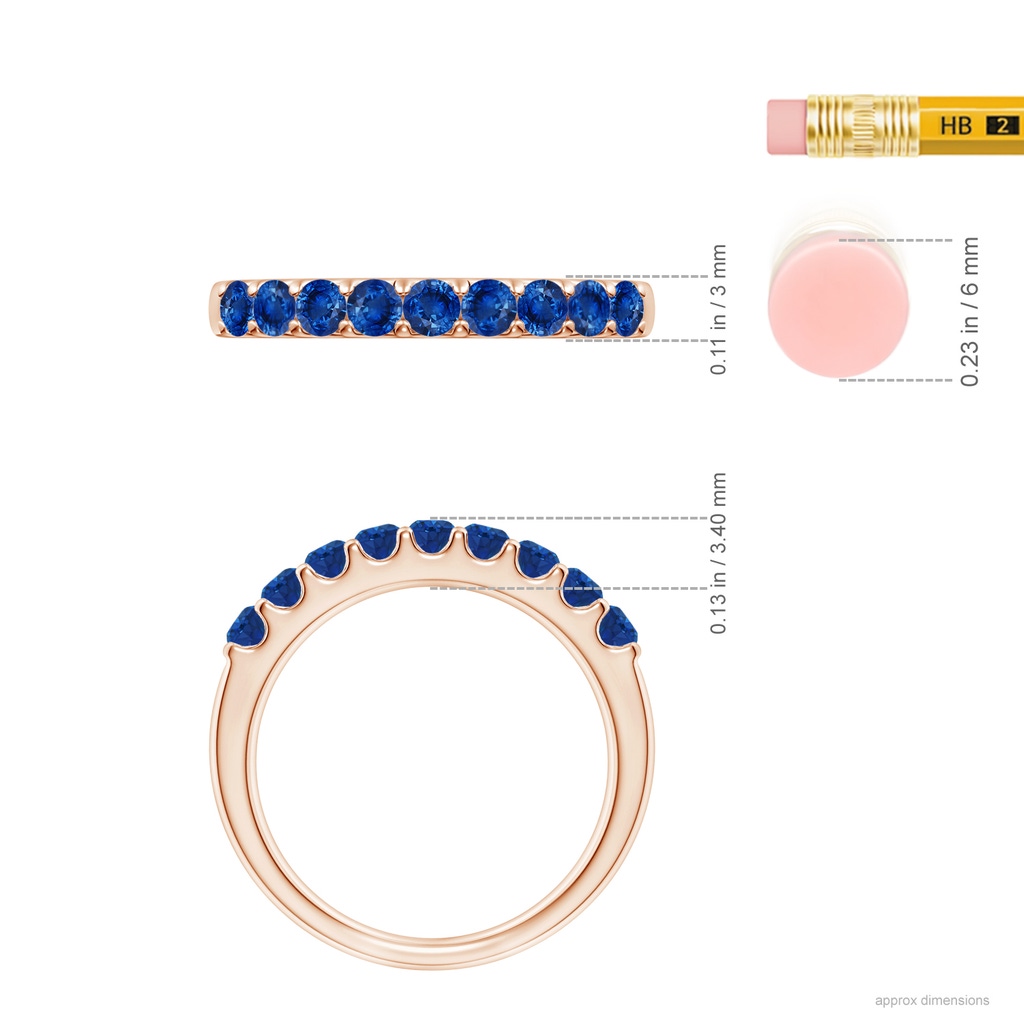 2.5mm AAA Shared Prong Set Half Eternity Sapphire Wedding Band in Rose Gold ruler