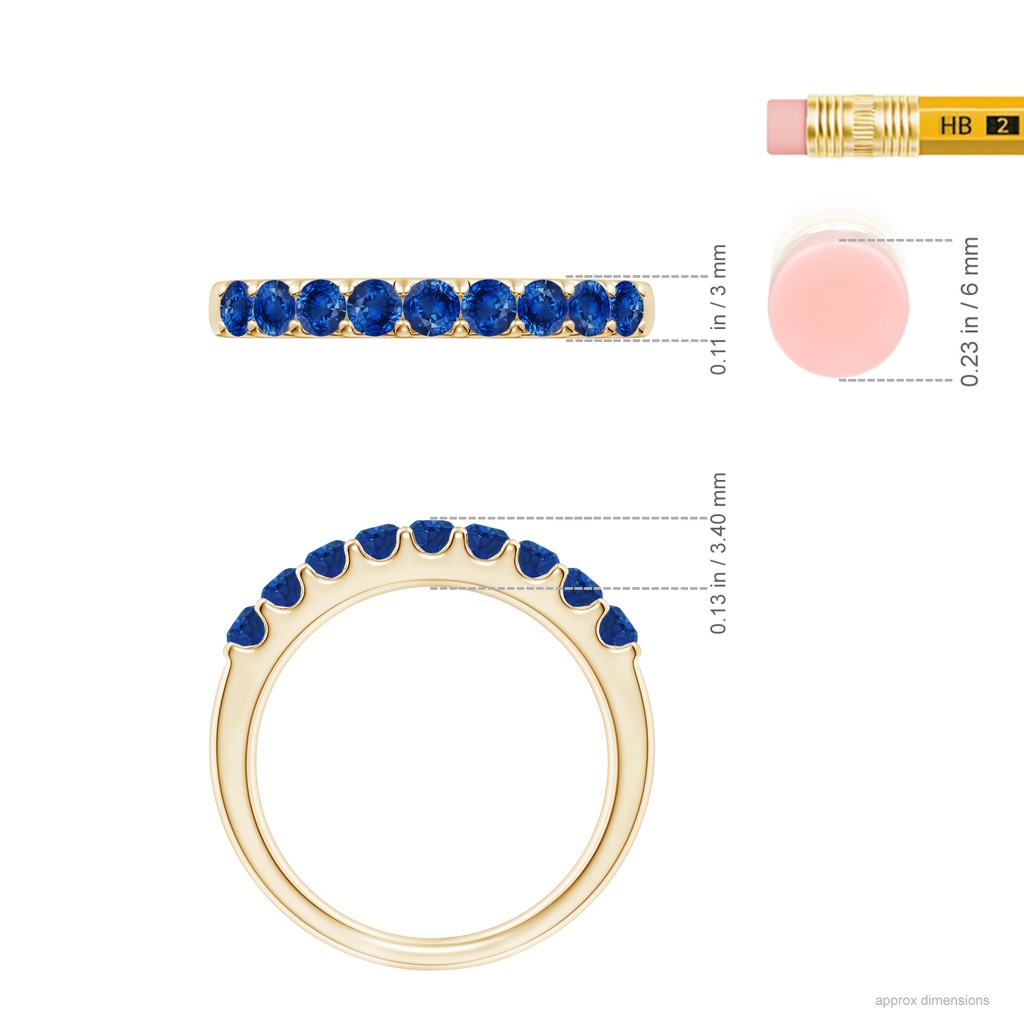 2.5mm AAA Shared Prong Set Half Eternity Sapphire Wedding Band in Yellow Gold ruler