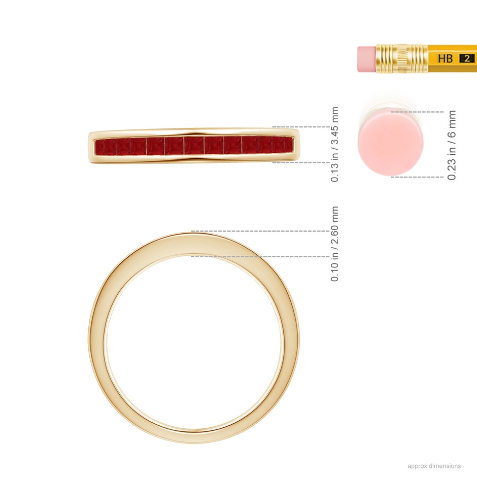 1.8mm AA Channel Set Square Ruby Half Eternity Band in Yellow Gold ruler