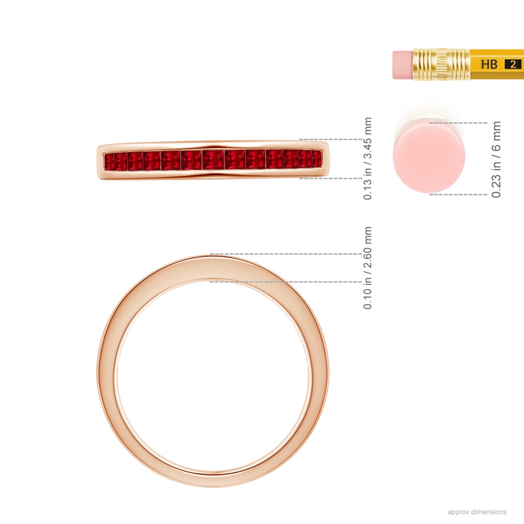 1.8mm AAAA Channel Set Square Ruby Half Eternity Band in Rose Gold Ruler