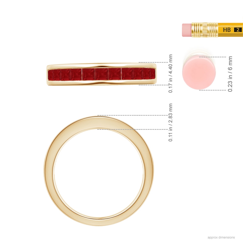 2.4mm AA Channel Set Square Ruby Half Eternity Band in Yellow Gold ruler