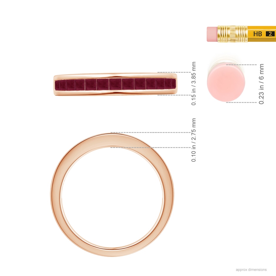 2mm A Channel Set Square Ruby Half Eternity Band in Rose Gold ruler