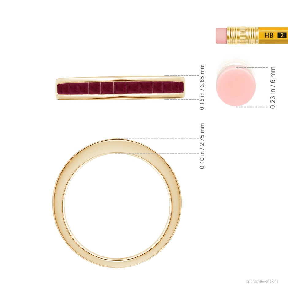 2mm A Channel Set Square Ruby Half Eternity Band in Yellow Gold ruler