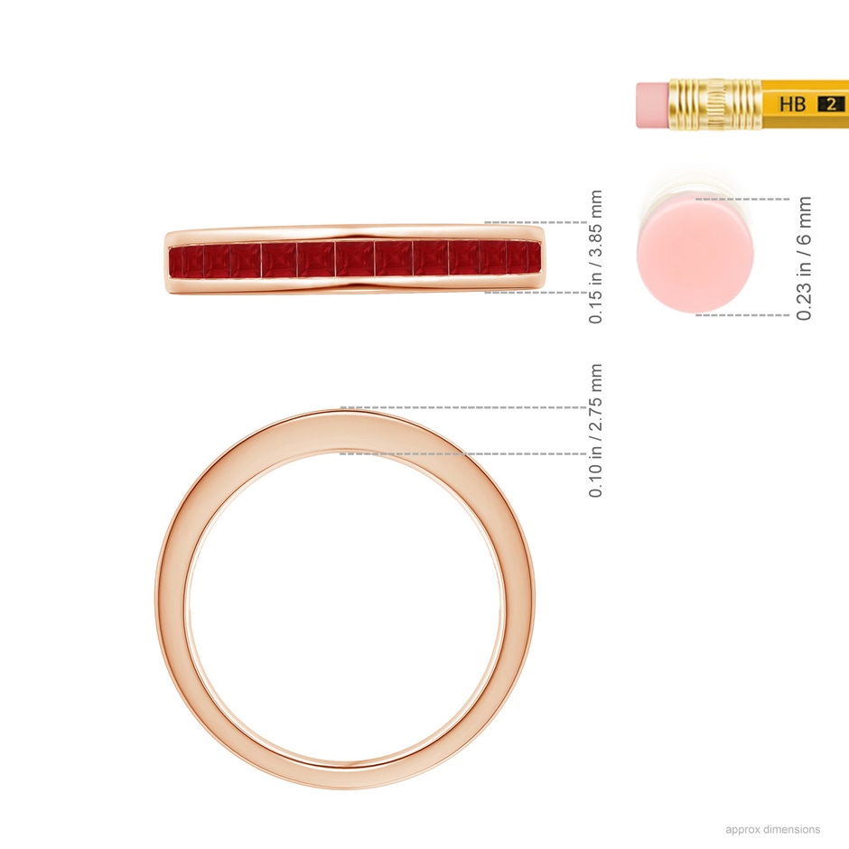 2mm AA Channel Set Square Ruby Half Eternity Band in Rose Gold ruler