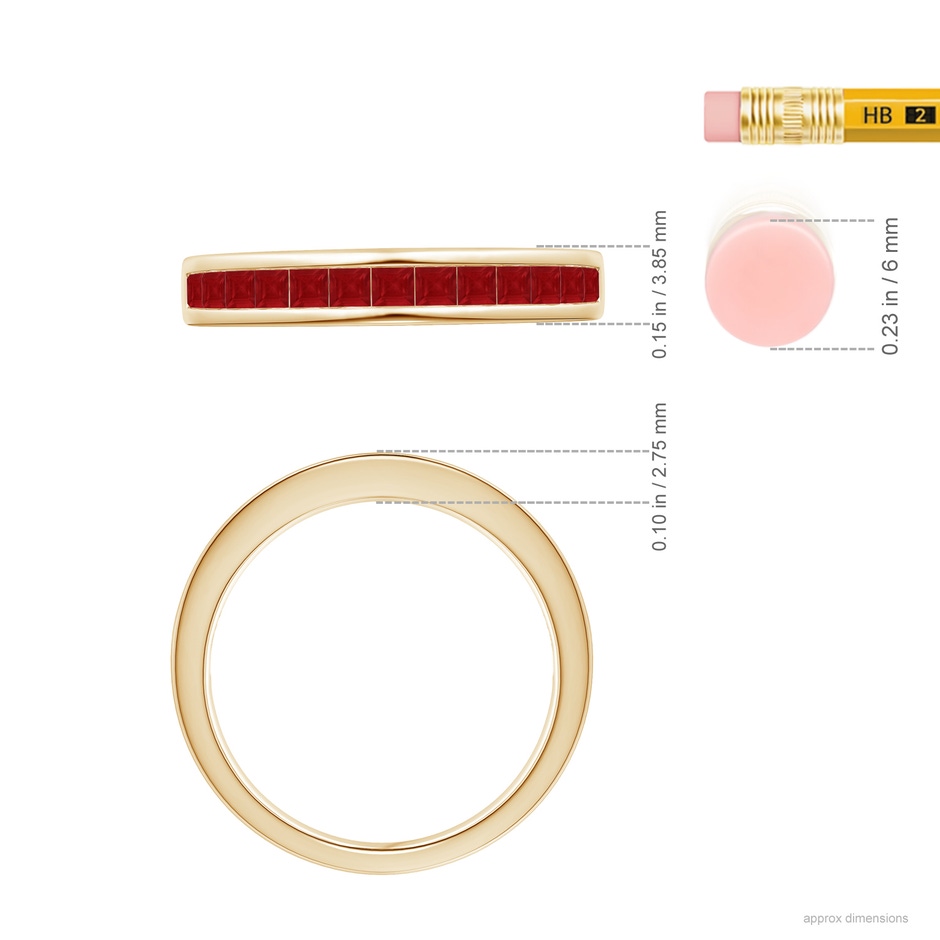 2mm AA Channel Set Square Ruby Half Eternity Band in Yellow Gold ruler