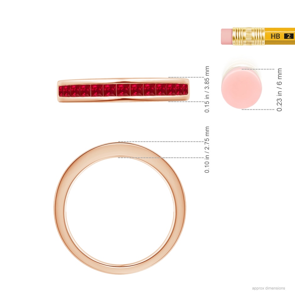 2mm AAA Channel Set Square Ruby Half Eternity Band in Rose Gold ruler