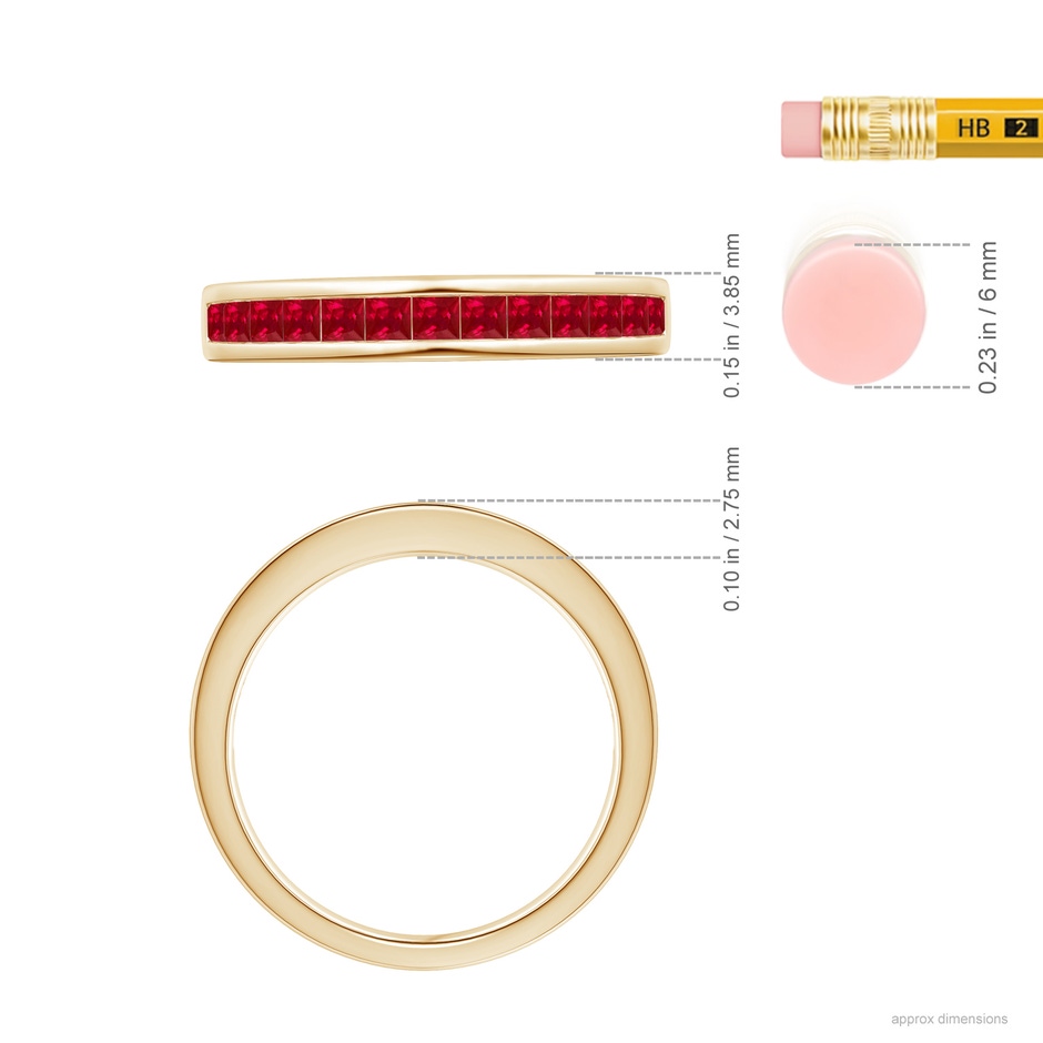 2mm AAA Channel Set Square Ruby Half Eternity Band in Yellow Gold ruler