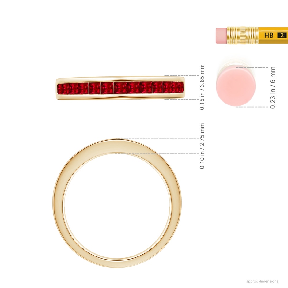 2mm AAAA Channel Set Square Ruby Half Eternity Band in Yellow Gold ruler