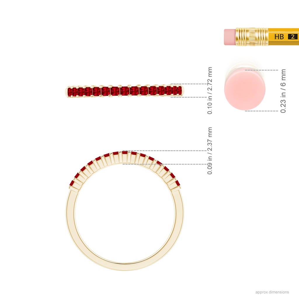 1.5mm AAAA Square Ruby Semi Eternity Classic Wedding Band in Yellow Gold Ruler