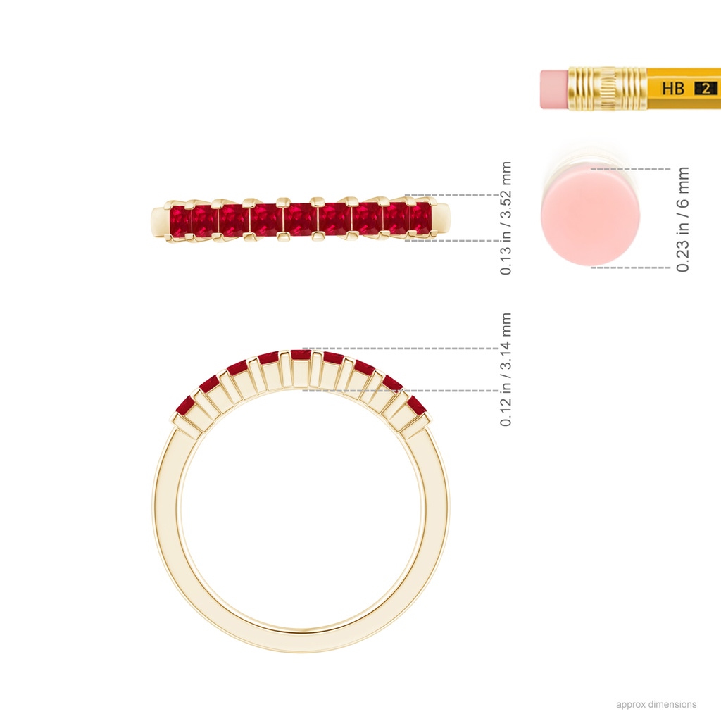 2.2mm AAA Square Ruby Semi Eternity Classic Wedding Band in Yellow Gold Ruler