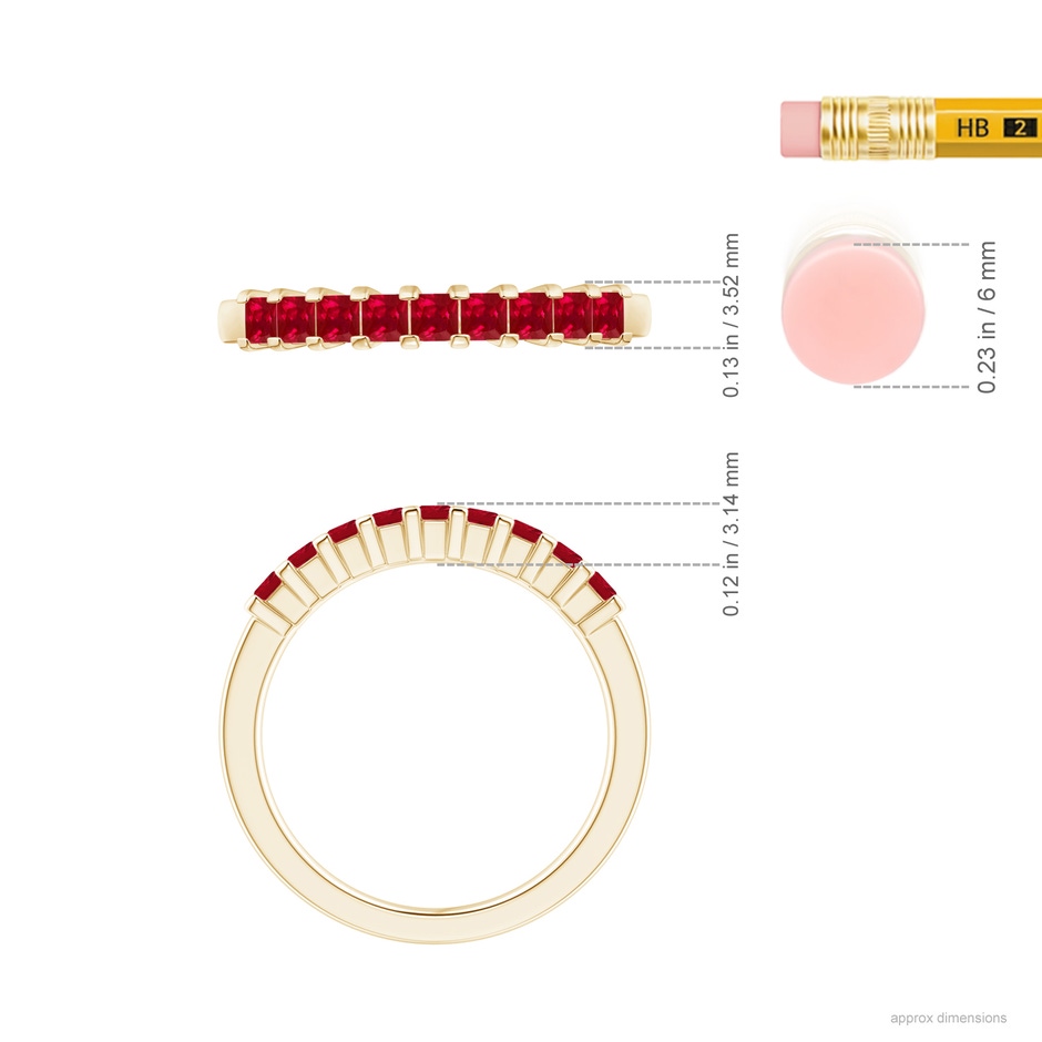 2.2mm AAA Square Ruby Semi Eternity Classic Wedding Band in Yellow Gold ruler