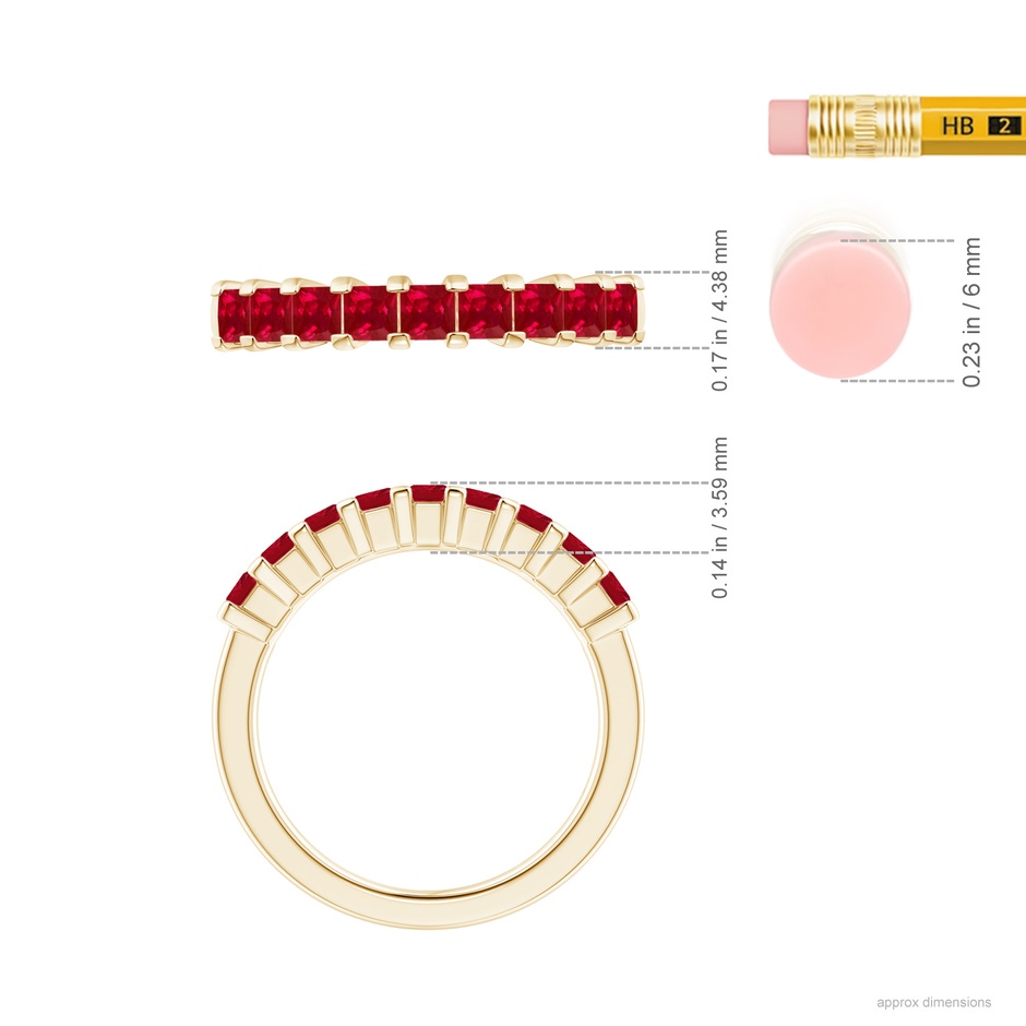 2.6mm AAA Square Ruby Semi Eternity Classic Wedding Band in Yellow Gold ruler