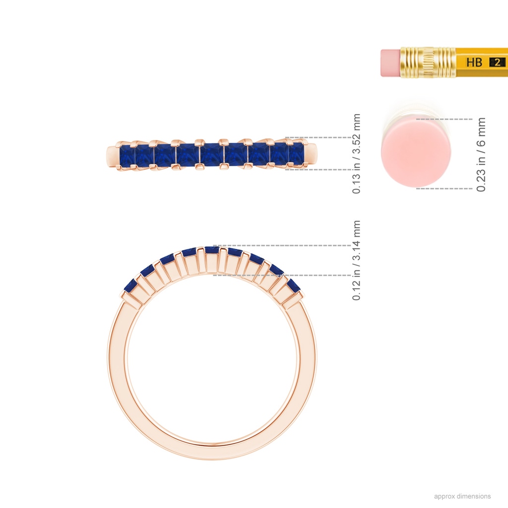 2.2mm AAA Square Blue Sapphire Semi Eternity Classic Wedding Band in Rose Gold Ruler