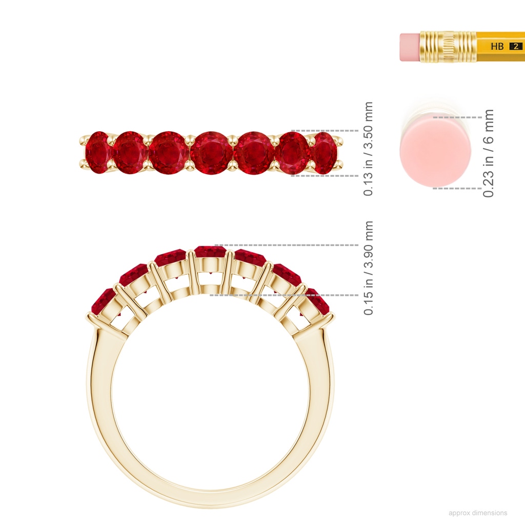 3.5mm AAA Half Eternity Seven Stone Ruby Wedding Band in Yellow Gold ruler