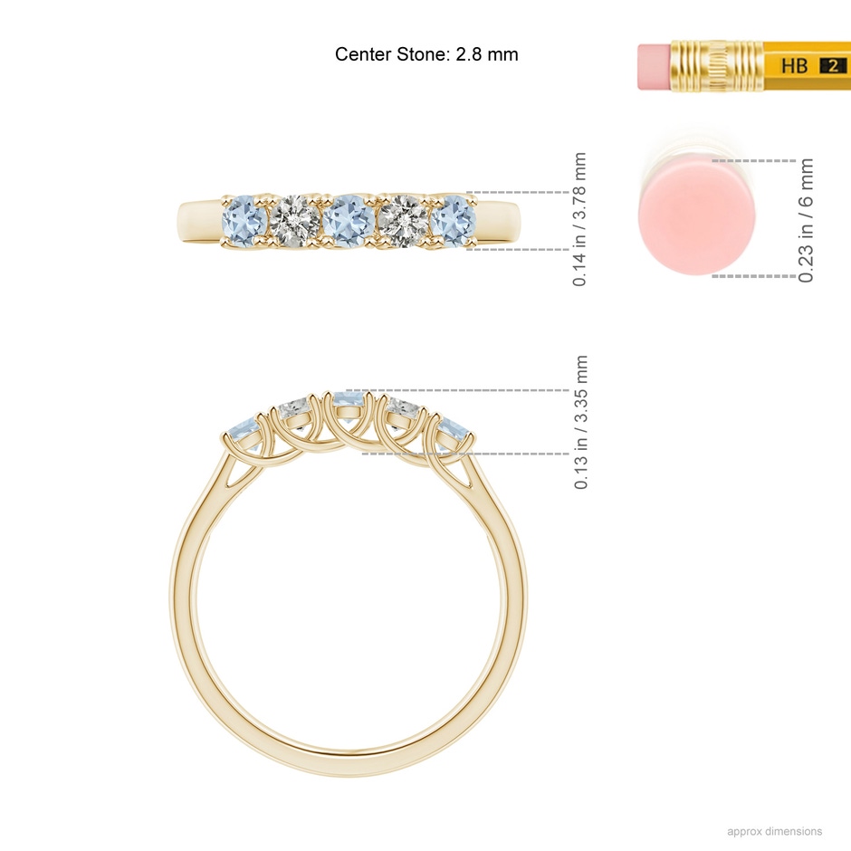 2.8mm A Half Eternity Five Stone Aquamarine and Diamond Wedding Band in Yellow Gold ruler