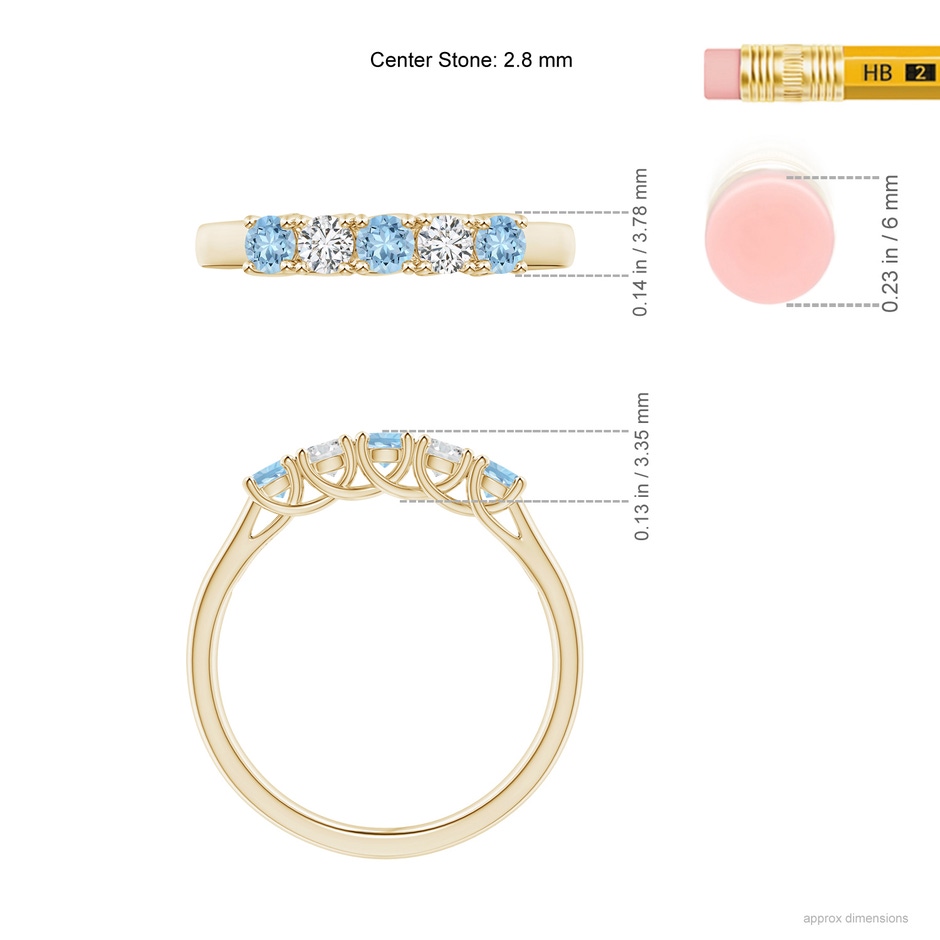 2.8mm AAA Half Eternity Five Stone Aquamarine and Diamond Wedding Band in Yellow Gold ruler