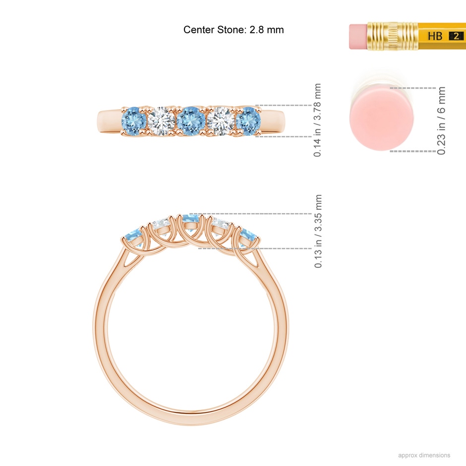 2.8mm AAAA Half Eternity Five Stone Aquamarine and Diamond Wedding Band in Rose Gold ruler