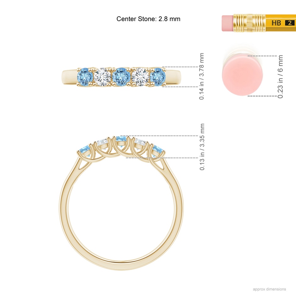 2.8mm AAAA Half Eternity Five Stone Aquamarine and Diamond Wedding Band in Yellow Gold ruler