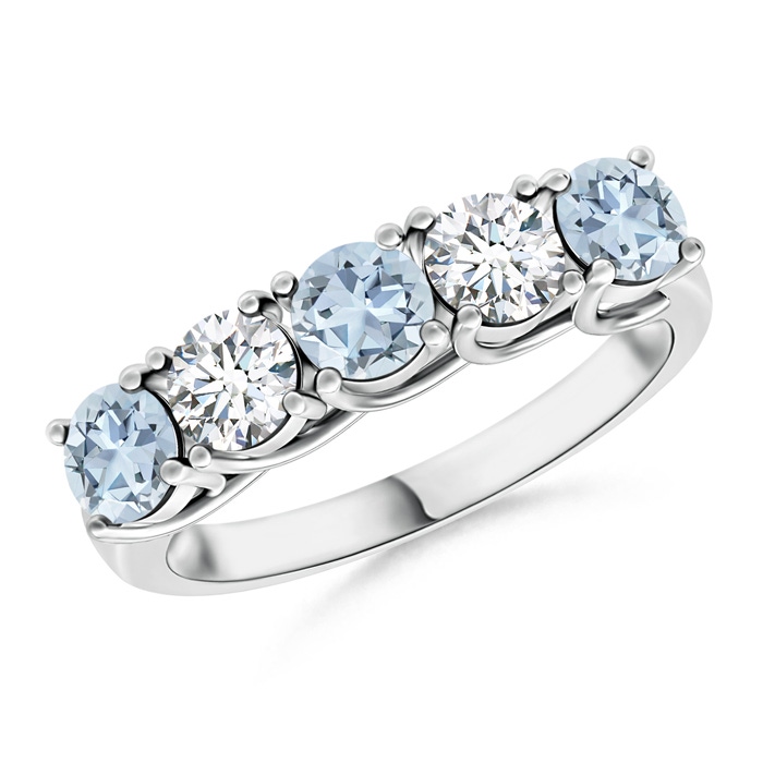 3.8mm A Half Eternity Five Stone Aquamarine and Diamond Wedding Band in 9K White Gold 