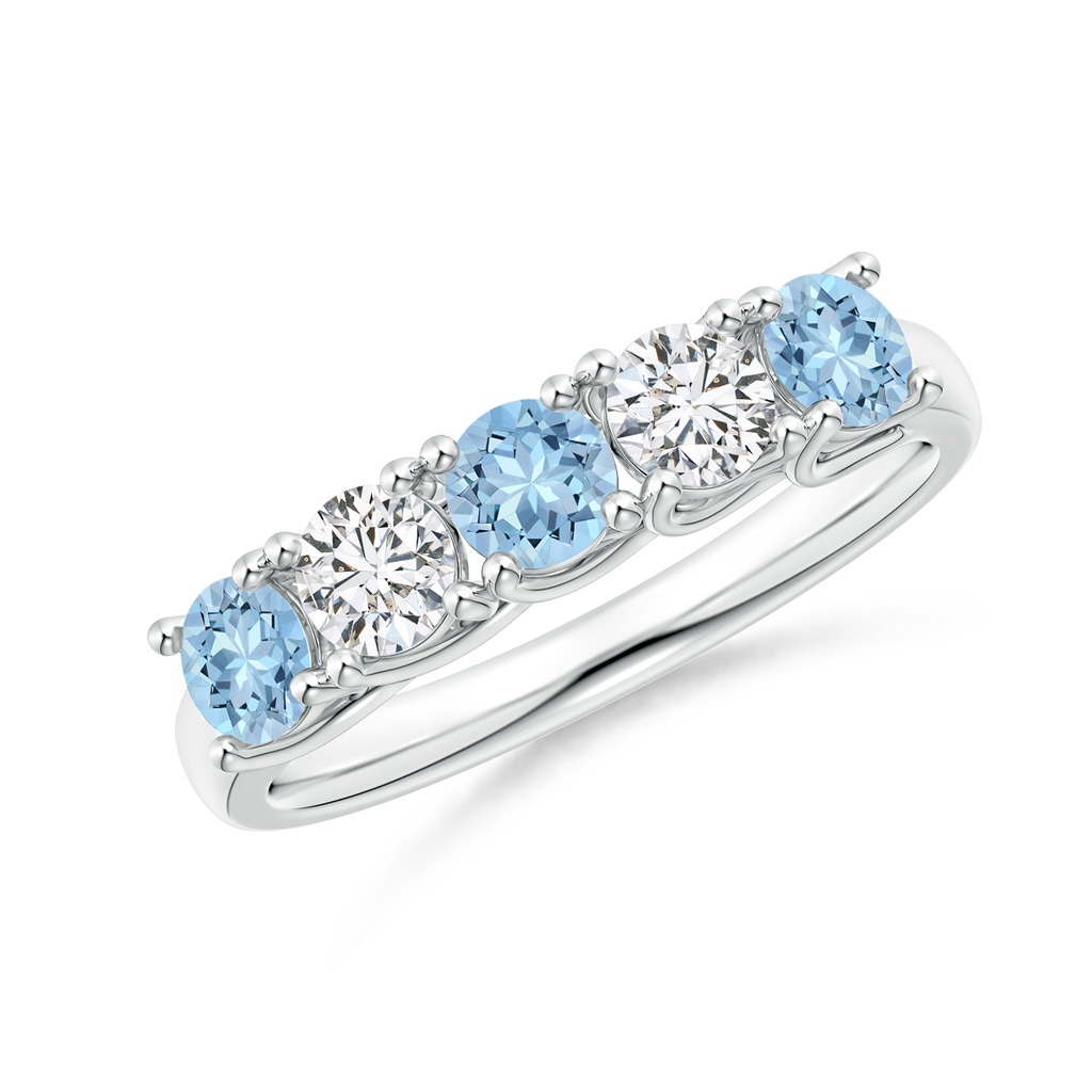 3.8mm AAA Half Eternity Five Stone Aquamarine and Diamond Wedding Band in White Gold