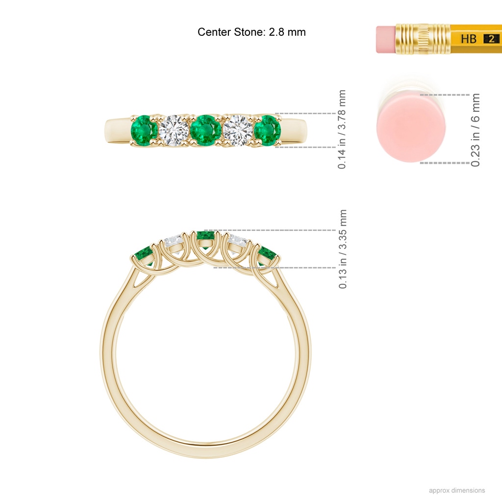 2.8mm AAA Half Eternity 5 Stone Emerald and Diamond Wedding Band in 9K Yellow Gold ruler