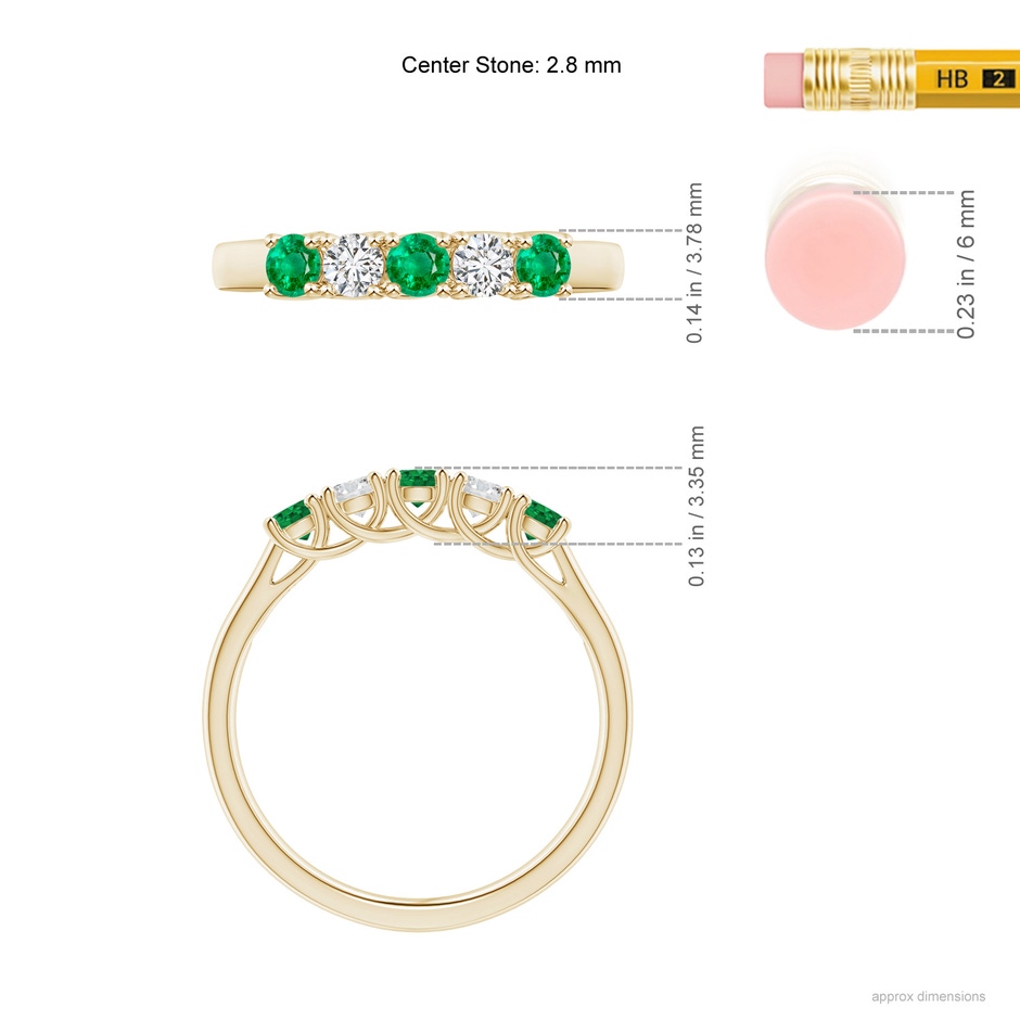 2.8mm AAA Half Eternity 5 Stone Emerald and Diamond Wedding Band in Yellow Gold ruler