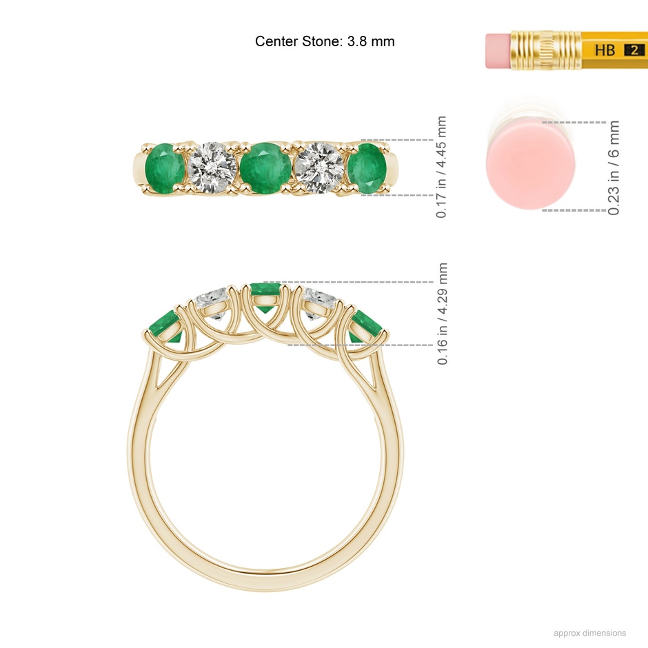 3.8mm A Half Eternity 5 Stone Emerald and Diamond Wedding Band in Yellow Gold ruler