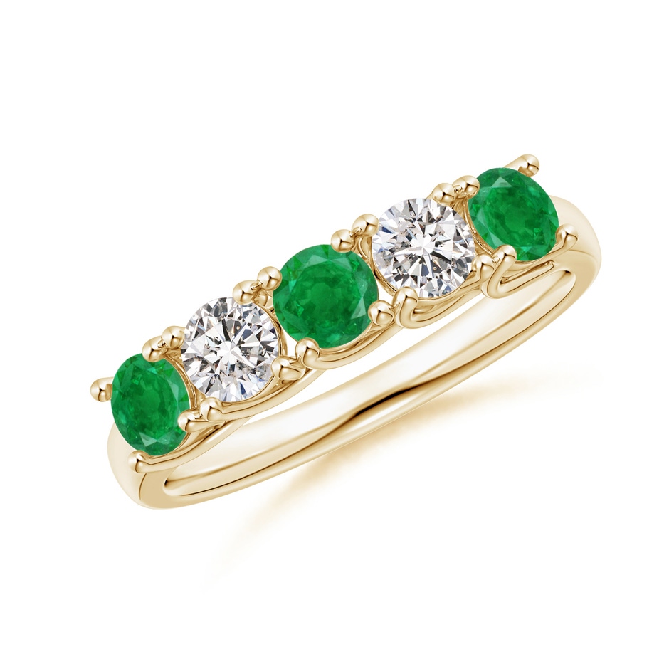 3.8mm AA Half Eternity 5 Stone Emerald and Diamond Wedding Band in Yellow Gold 