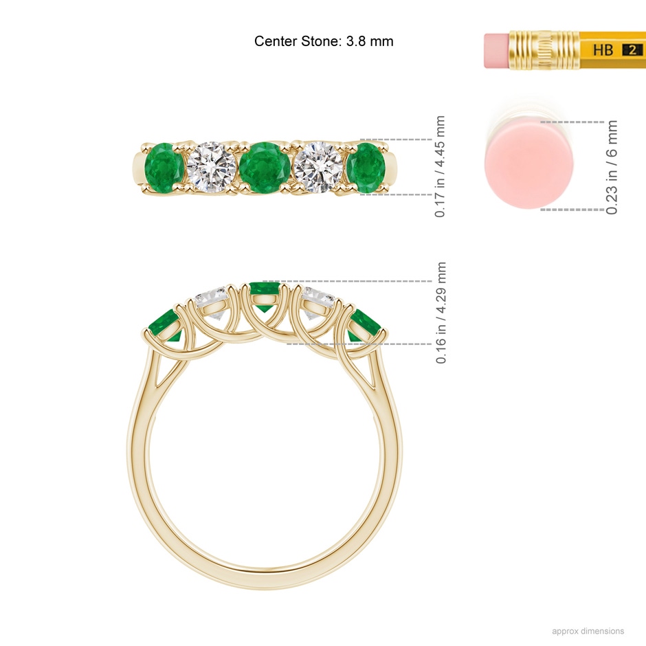 3.8mm AA Half Eternity 5 Stone Emerald and Diamond Wedding Band in Yellow Gold ruler