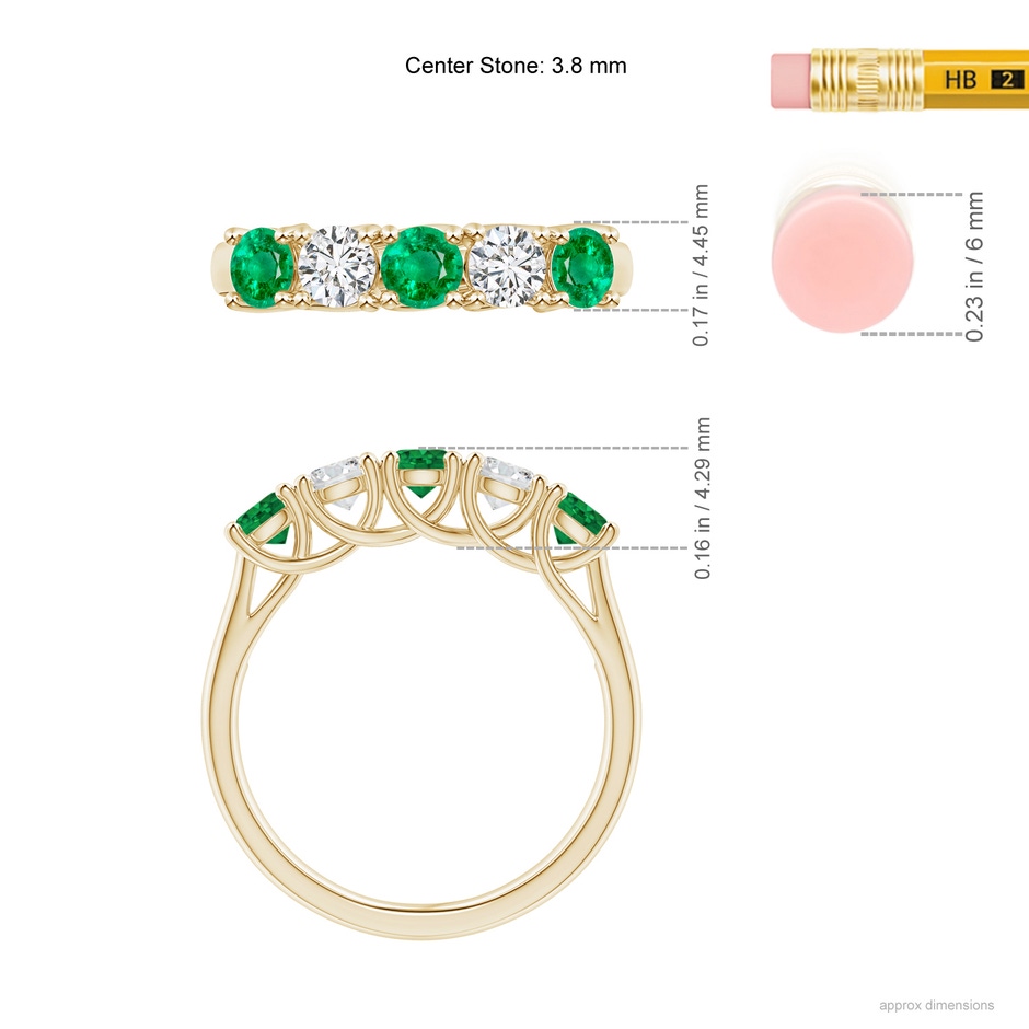 3.8mm AAA Half Eternity 5 Stone Emerald and Diamond Wedding Band in Yellow Gold ruler