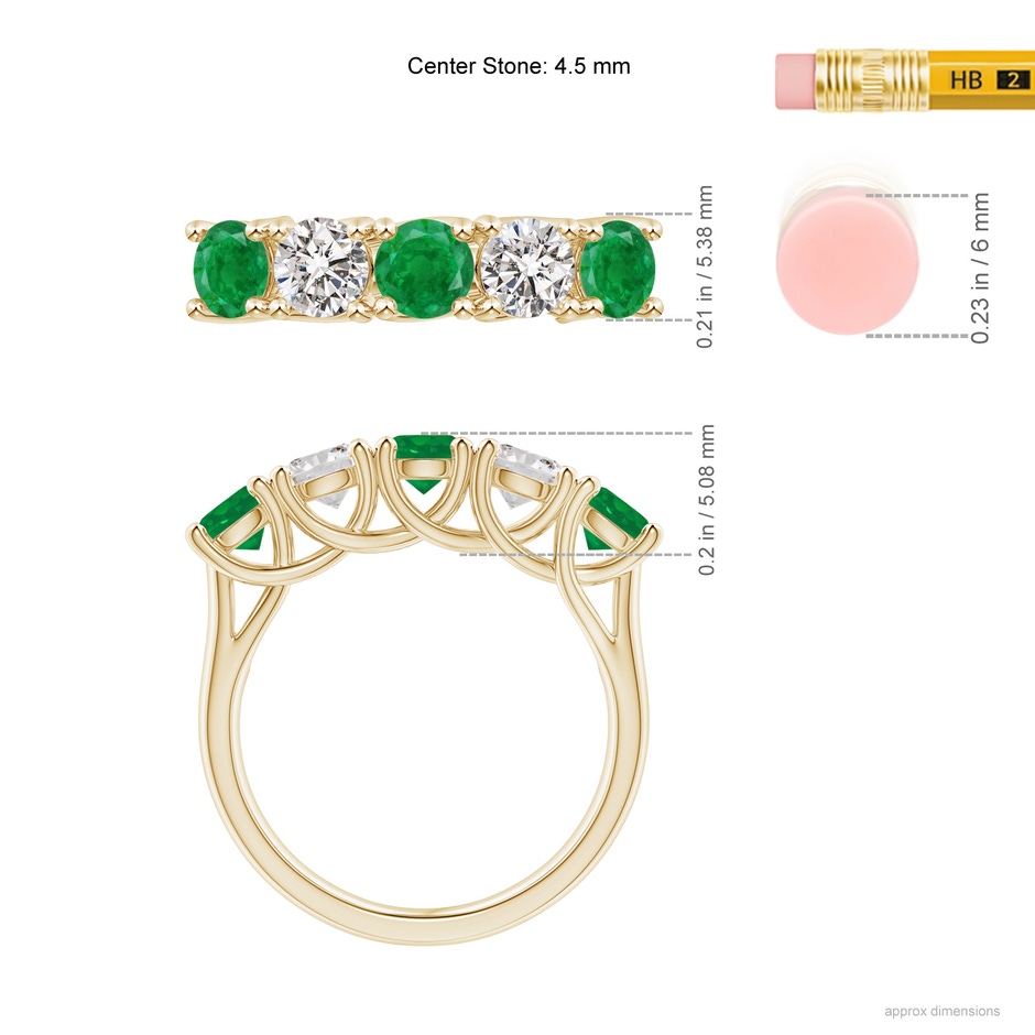 4.5mm AA Half Eternity 5 Stone Emerald and Diamond Wedding Band in Yellow Gold ruler