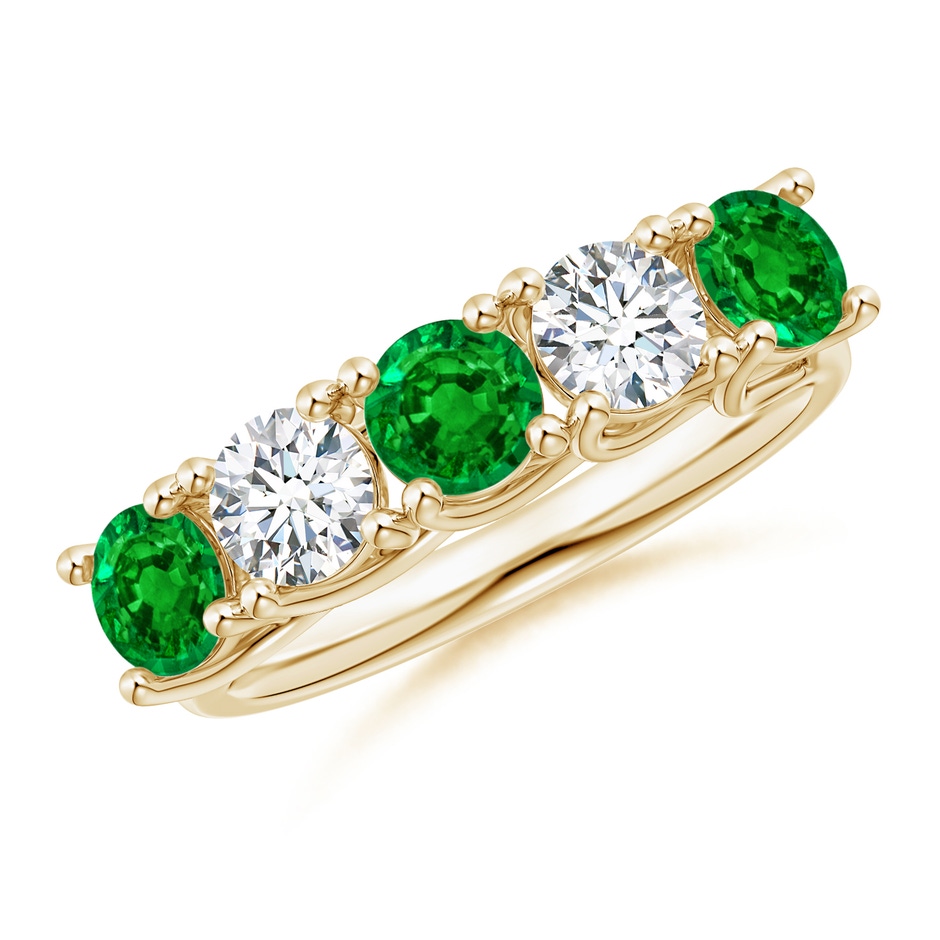 4.5mm AAAA Half Eternity 5 Stone Emerald and Diamond Wedding Band in Yellow Gold 