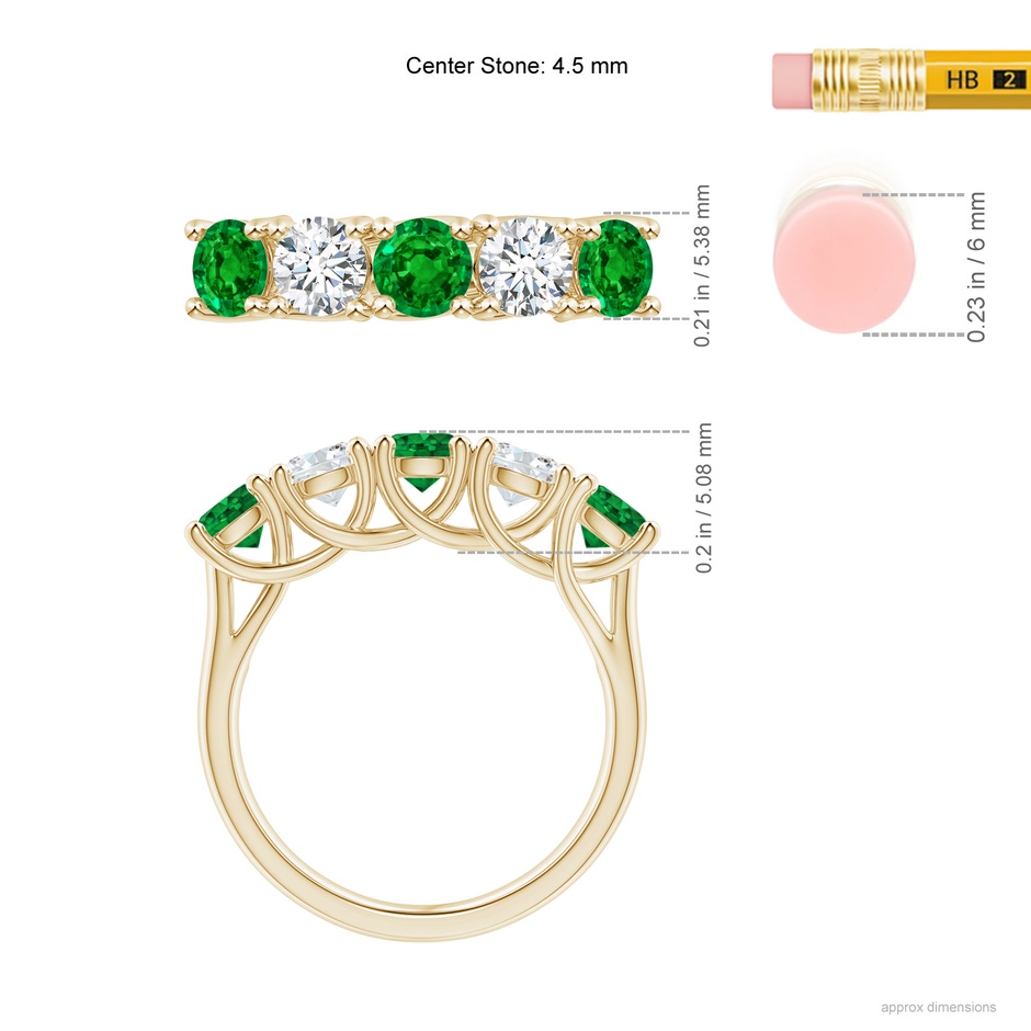 4.5mm AAAA Half Eternity 5 Stone Emerald and Diamond Wedding Band in Yellow Gold ruler