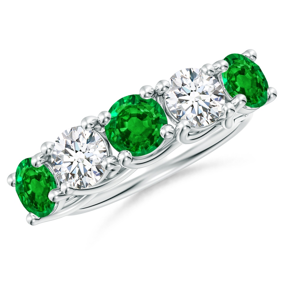 5.5mm AAAA Half Eternity 5 Stone Emerald and Diamond Wedding Band in White Gold 