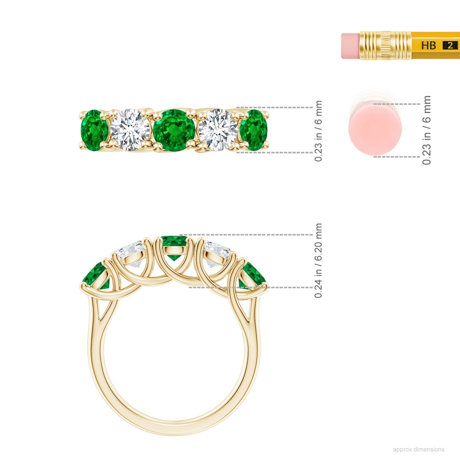 5mm AAAA Half Eternity 5 Stone Emerald and Diamond Wedding Band in Yellow Gold ruler