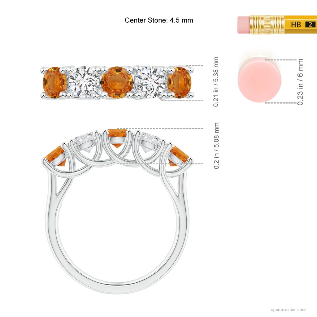 4.5mm AAA Half Eternity 5 Stone Orange Sapphire & Diamond Wedding Band in White Gold Ruler