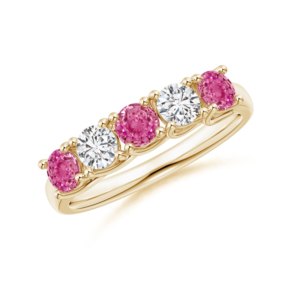 3.8mm AAA Half Eternity 5 Stone Pink Sapphire & Diamond Wedding Band in Yellow Gold 